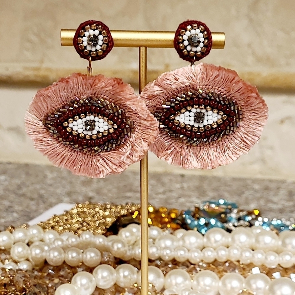 New Oversized Boho Funky Evil Eye Beaded Silk Fringe Drop Earrings
